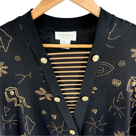 Vintage Adolfo Sport Womens Abstract Print Metallic Gold Top Size XL Black Artsy - Picture 6 of 15